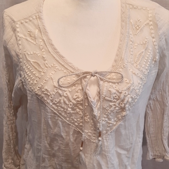 MAURICES M white Boho top, gauze feel, front tie, emblished bodice, GUC, tassel - Picture 2 of 6